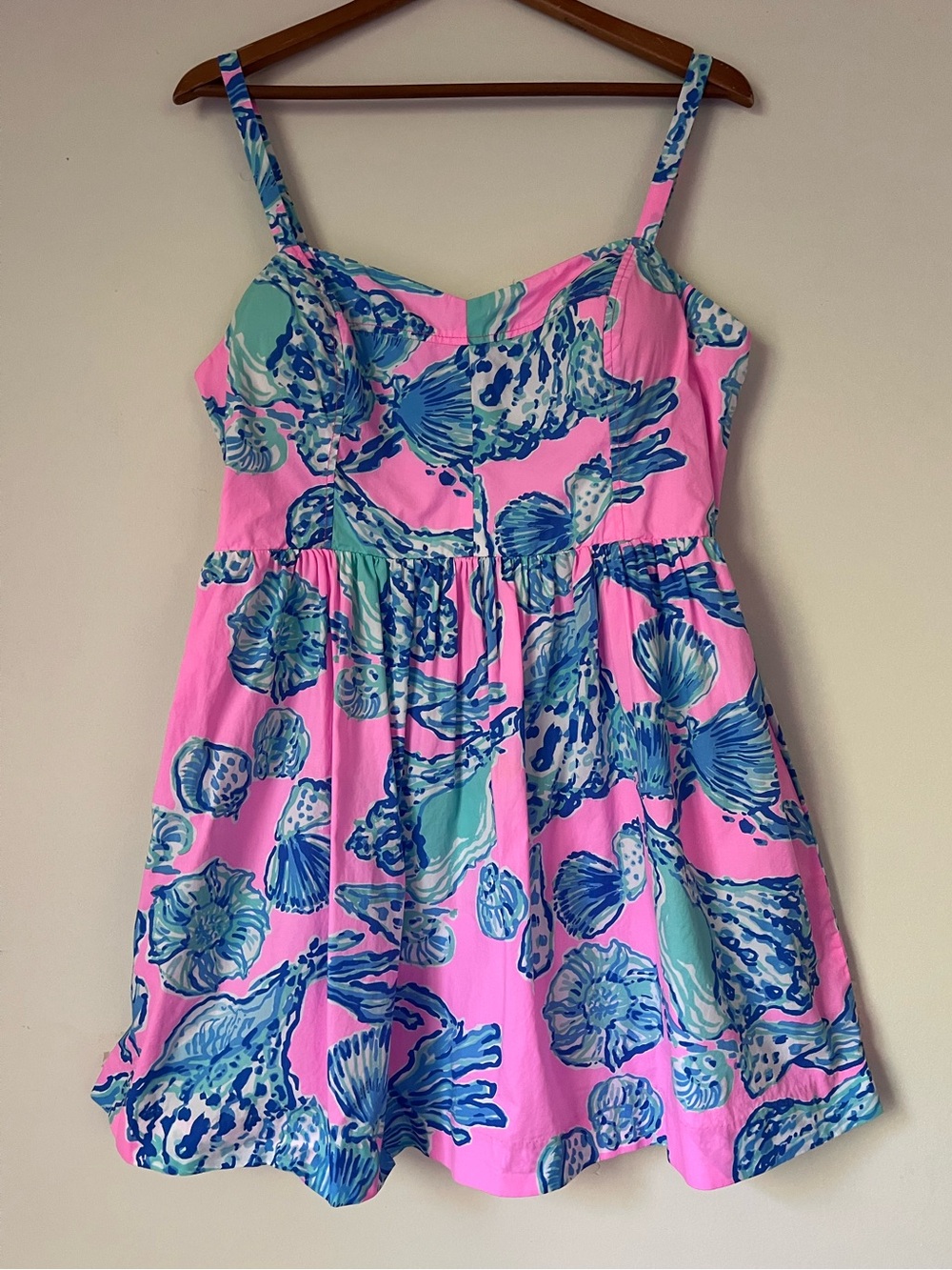 LILLY PULITZER Ardleigh Sun Dress Pink Blue Seashell Print Sz 16 Smocked Pockets